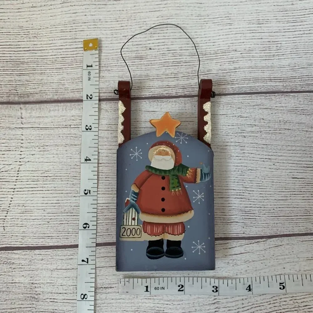 Wood Santa Clause Sled Christmas Ornament Hand Painted Birdhouse Snow 2000